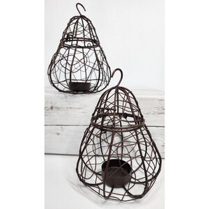 Pear Shaped Tea Light Wire Mesh Cage Candle Holders w/Locking Lid, Rustic Brown